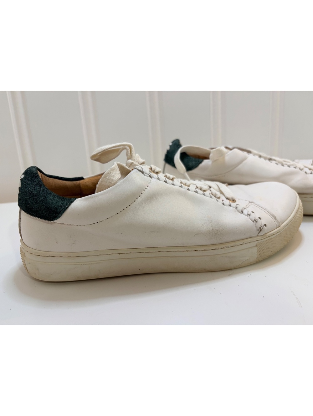 Jack Rogers White Leather Sneaker with Dark Green Suede Heel & Flower Detail